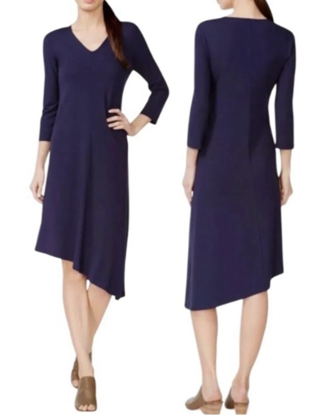 Eileen Fisher Asymmetrical Hem Jersey Shift Dress v-neck Large